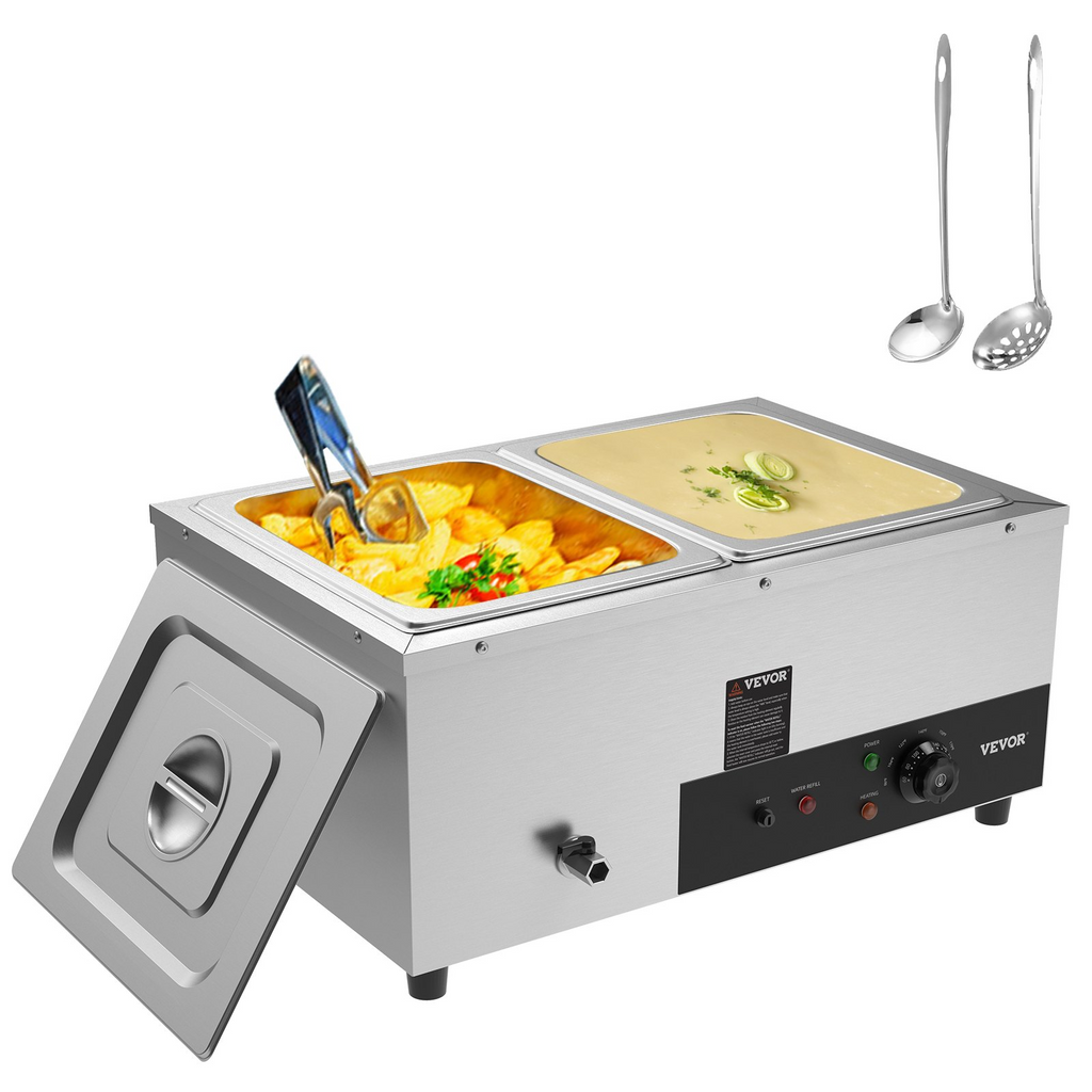 Calentador de alimentos comercial de 2 sartenes de 2 x 12 qt, 1500 W con control de temperatura de 86 a 185 °F