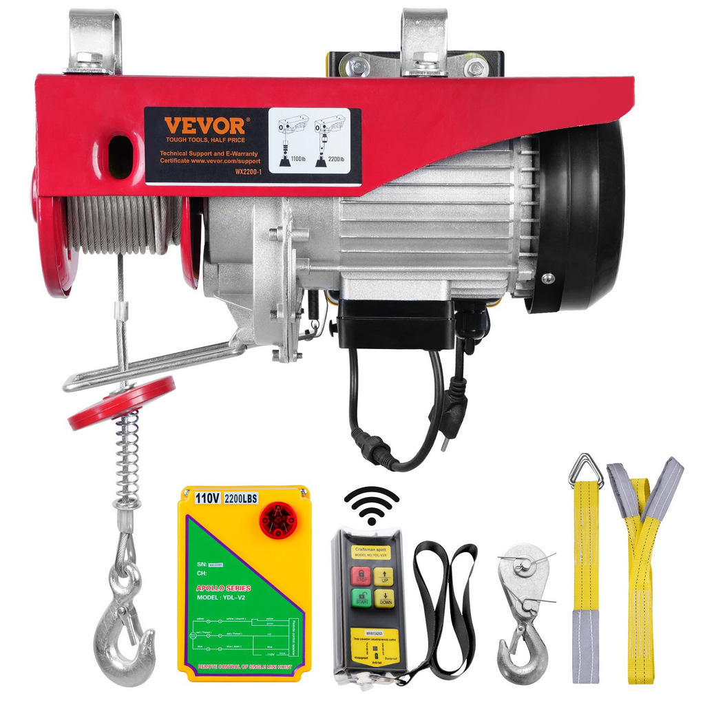 Polipasto eléctrico VEVOR de 2200 libras 1600 W y 110 V con control remoto inalámbrico altura de elevación de un solo cable de 40 pies y motor de cobre puro