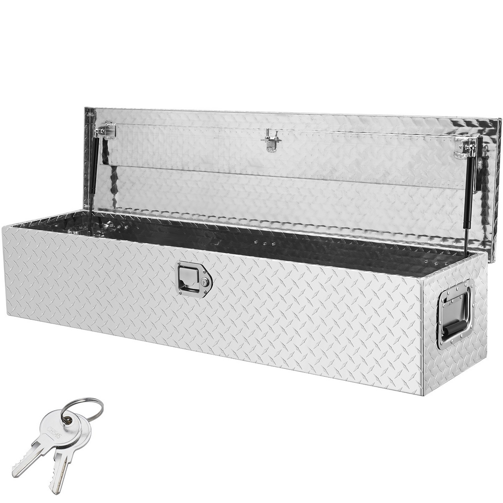 Caja de herramientas de aluminio resistente para caja de camión con placa de diamante con manija lateral y llaves de bloqueo