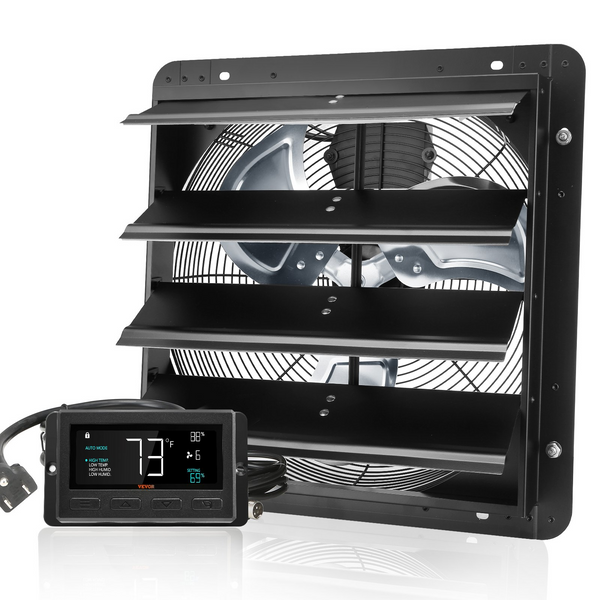 Extractor de aire con persiana VEVOR 16'' con controlador de temperatura y humedad motor EC 2650 CFM ventilador de ático de montaje en pared ajustable de 10 velocidades