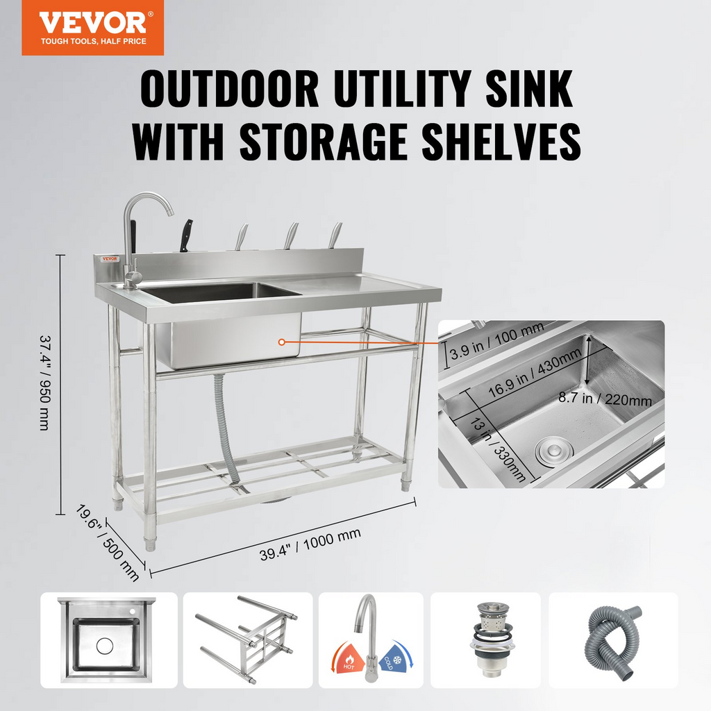 Fregadero de acero inoxidable VEVOR de 1 compartimento con grifo de banco de trabajo y patas 39,4 x 19,1 x 37,4