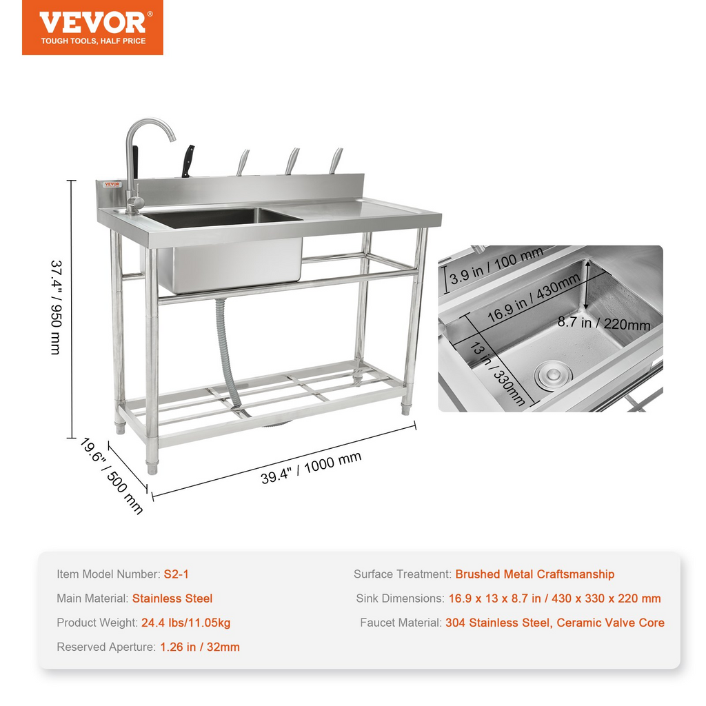Fregadero de acero inoxidable VEVOR de 1 compartimento con grifo de banco de trabajo y patas 39,4 x 19,1 x 37,4