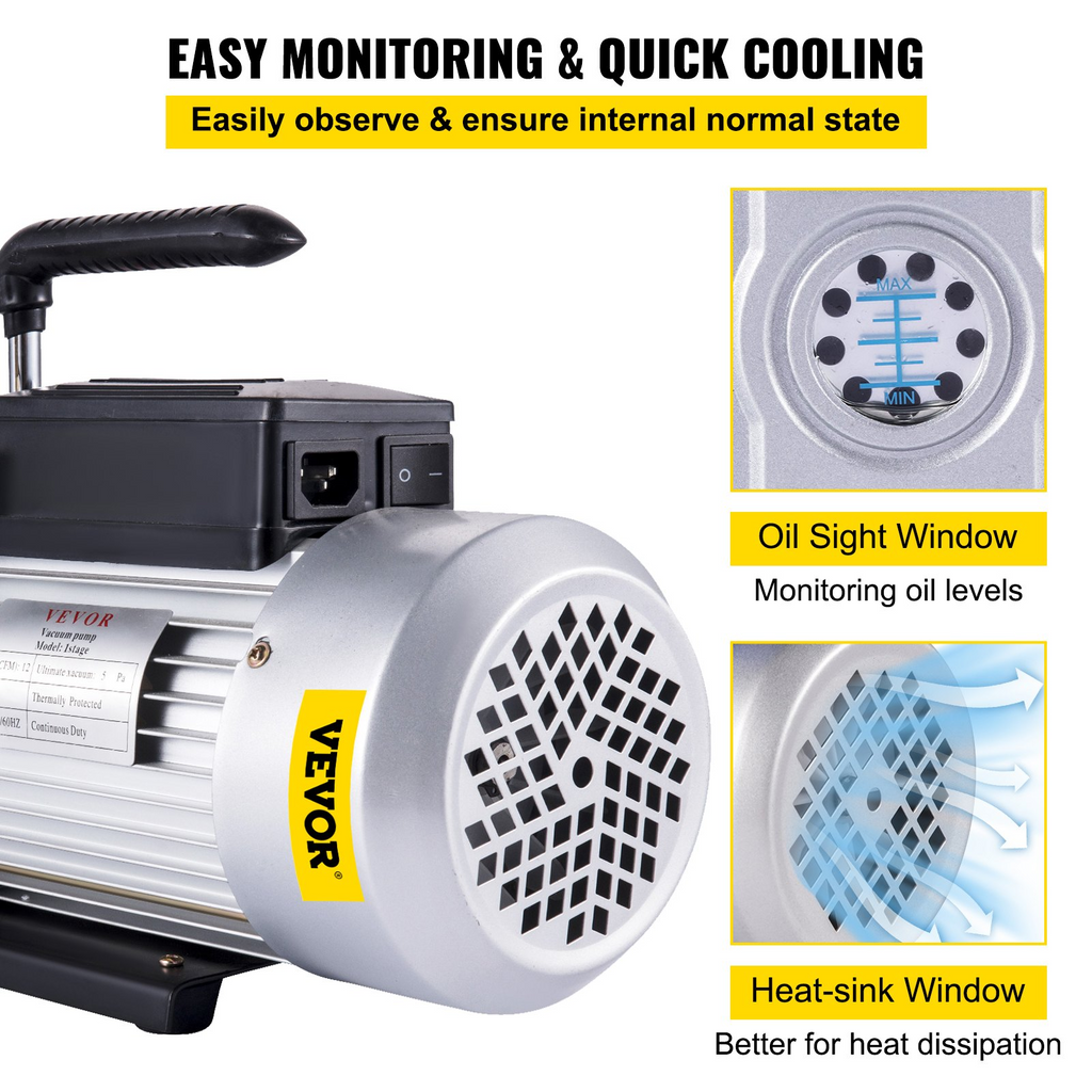 Bomba de vacío VEVOR 12CFM 1 HP Bomba de vacío de aire acondicionado de una etapa 110 V 5 PA Herramienta de aire HVAC de refrigerante JH2
