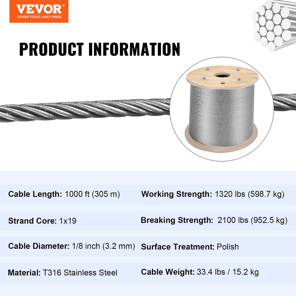 Cable de acero inoxidable VEVOR T316 1/8'' x 1000 pies cable de acero 1x19 hebras resistencia a la rotura de 2100 libras