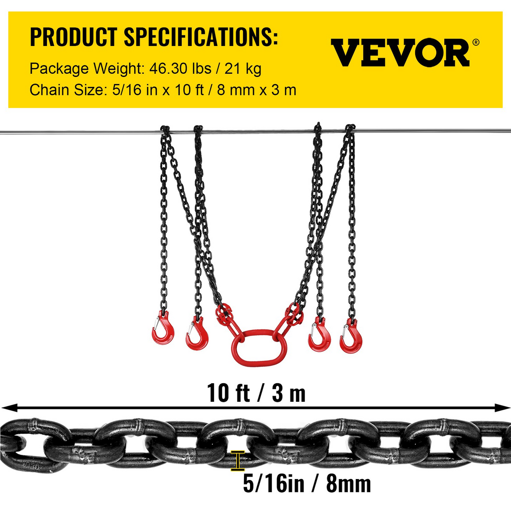 VEVOR  Cadena de elevación de motor de 10 pies 5/16 pulgadas x 10 pies de aleación G80