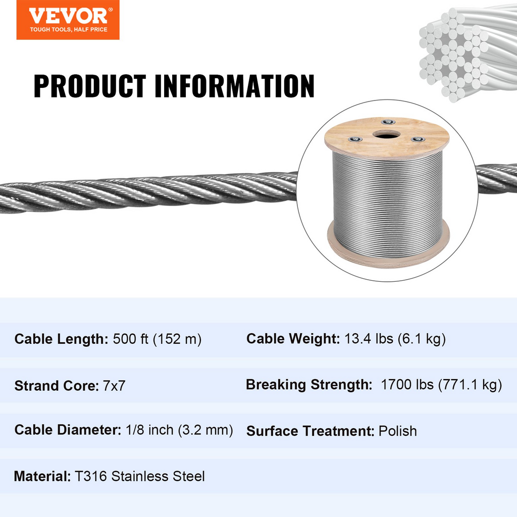 Barandilla de cable de acero inoxidable VEVOR 1/8 de 500 pies cable de acero inoxidable 316 de grado marino