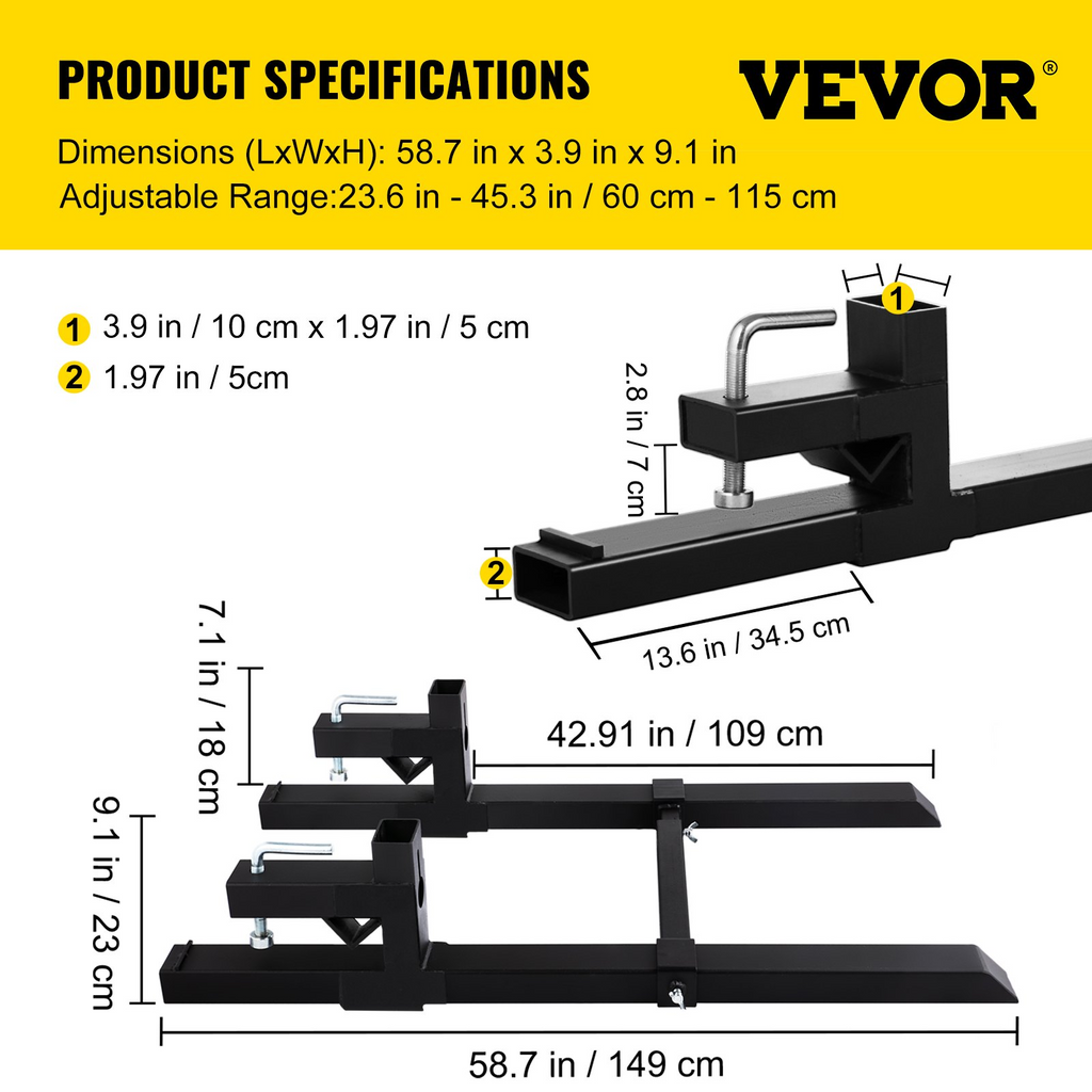 Horquillas para pallets VEVOR de 42,9" 4000 lb máx.  para cargador frontal de servicio pesado de 58,7" de longitud total