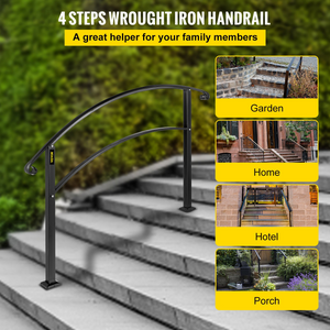 VEVOR 4-Step Handrail Fits 1 or 4 Steps Matte Black Stair Rail Wrought Iron Handrail with Installation Kit Hand Rails for Outdoor Steps