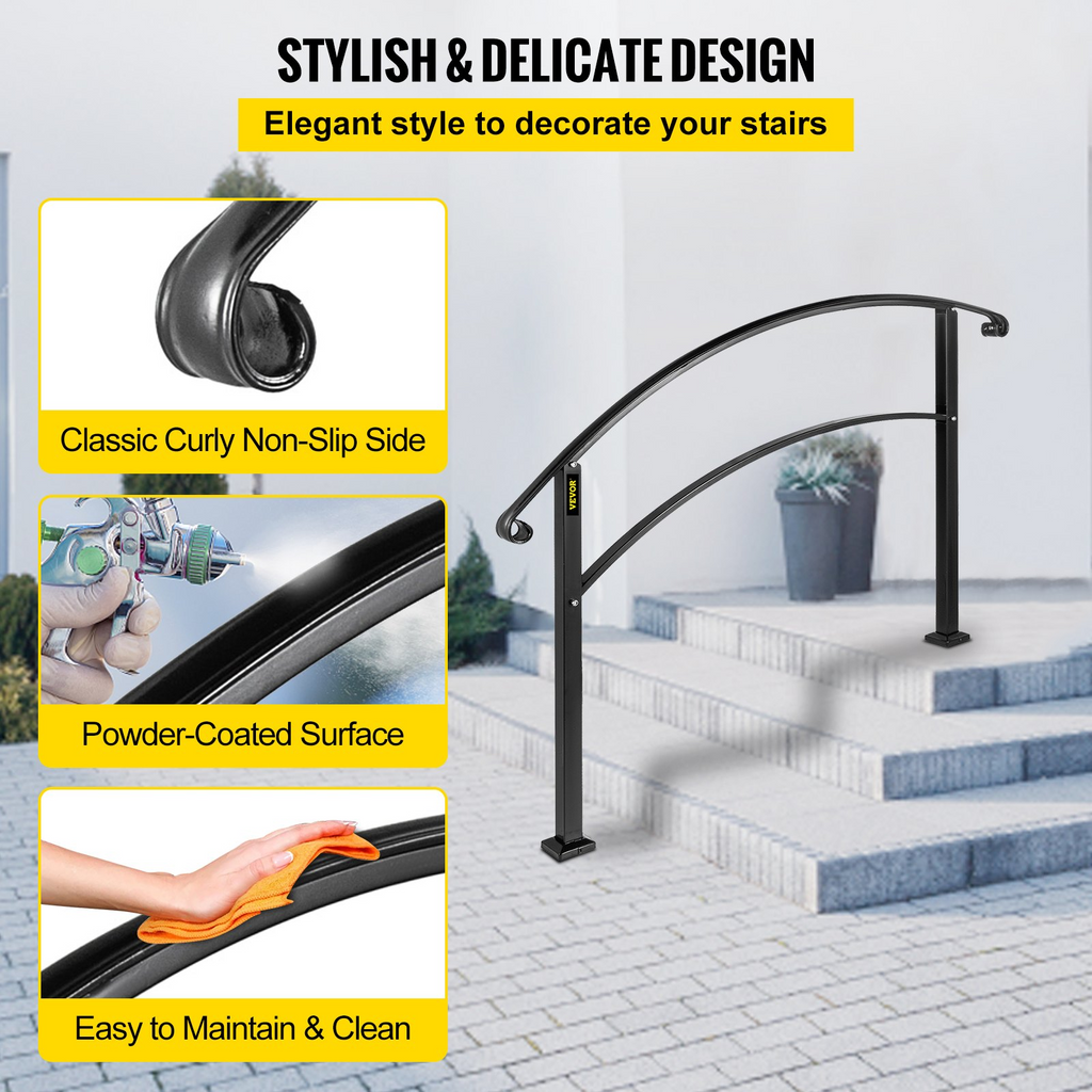 VEVOR 4-Step Handrail Fits 1 or 4 Steps Matte Black Stair Rail Wrought Iron Handrail with Installation Kit Hand Rails for Outdoor Steps