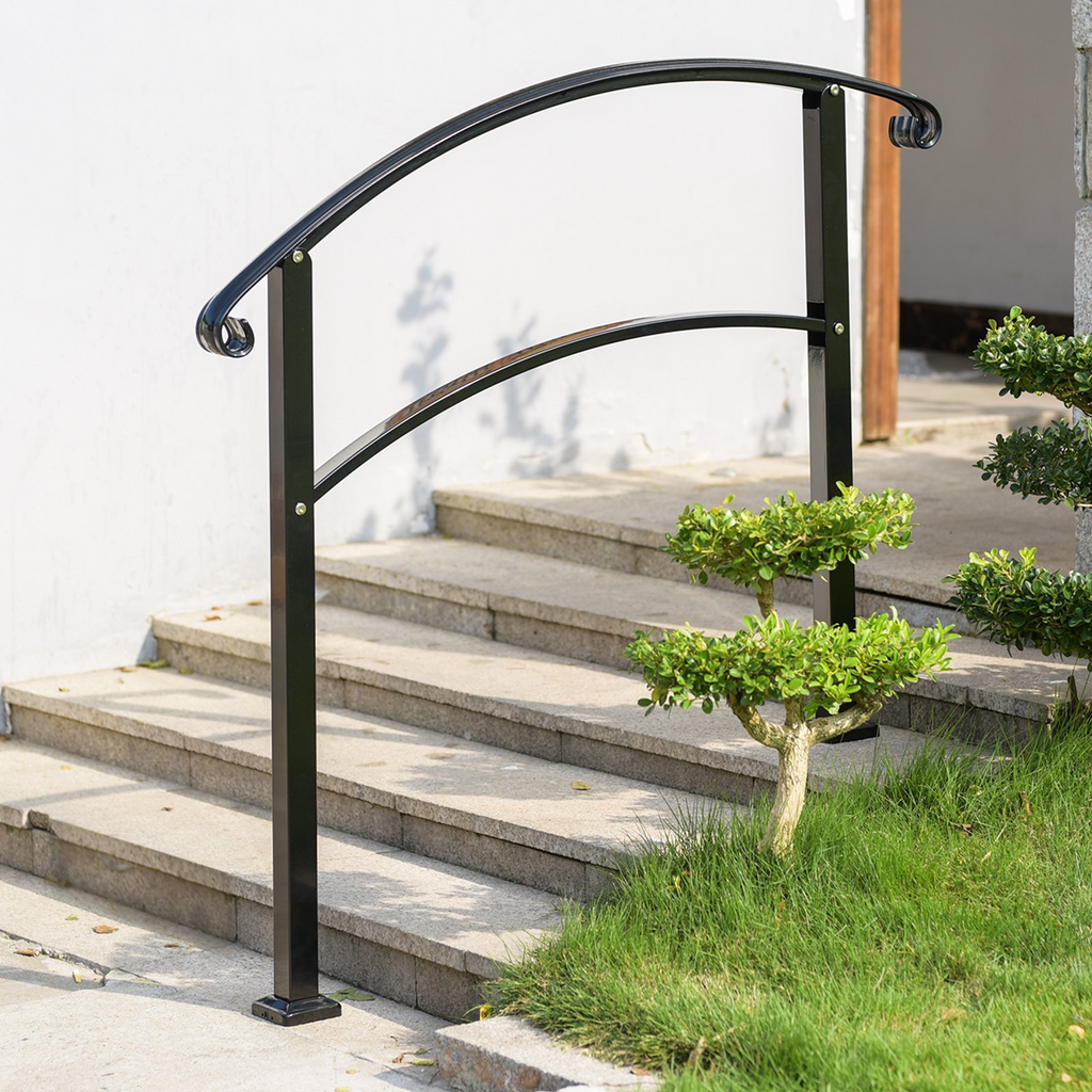 VEVOR 4-Step Handrail Fits 1 or 4 Steps Matte Black Stair Rail Wrought Iron Handrail with Installation Kit Hand Rails for Outdoor Steps