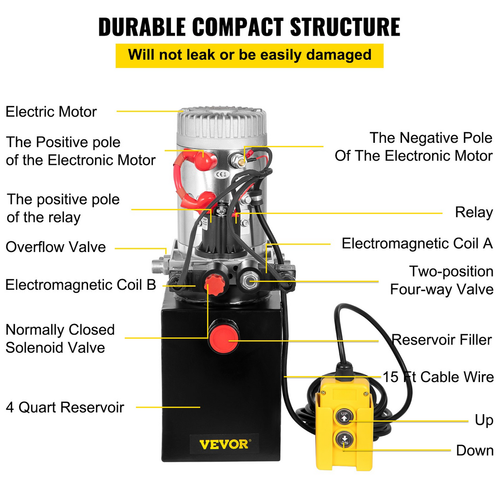 Bomba hidráulica VEVOR de 4 cuartos de galón, unidad de potencia hidráulica de doble efecto con tanque de aceite de acero, bomba hidráulica de 12 V CC para elevación de automóviles