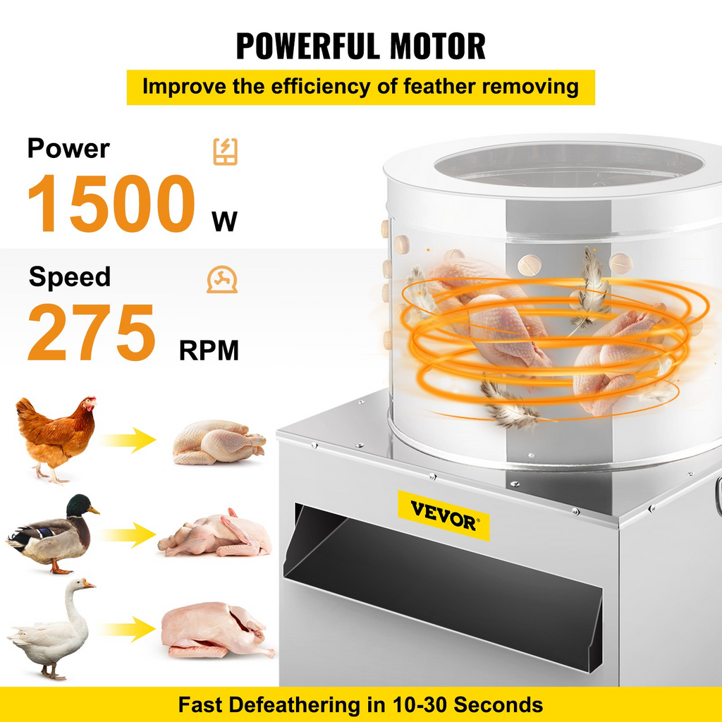 Desplumadora de pollos de acero inoxidable VEVOR de 20 pulgadas de diámetro 1500 W 275 R/min