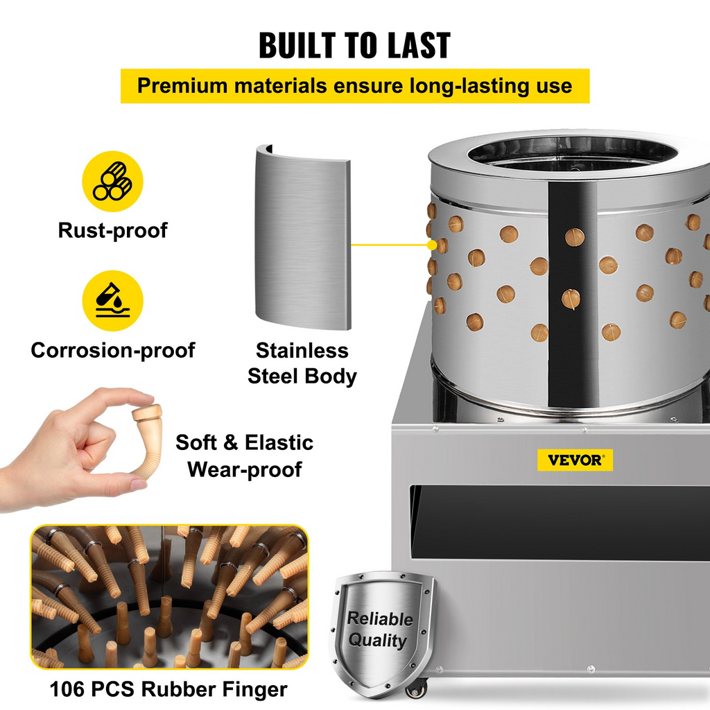 Desplumadora de pollos de acero inoxidable VEVOR de 20 pulgadas de diámetro 1500 W 275 R/min
