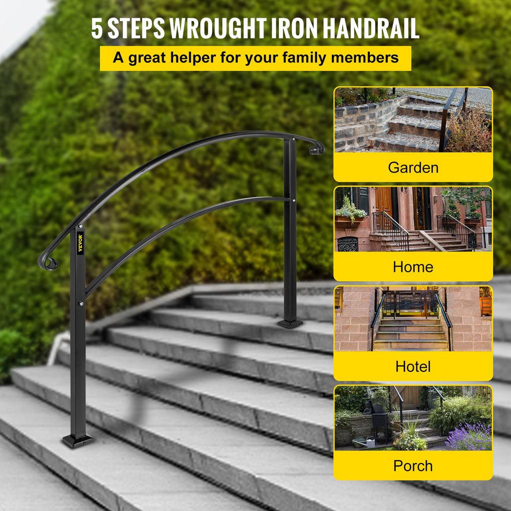 VEVOR Handrails for Outdoor Steps, Fit 1 or 5 Steps Outdoor Stair Railing, Black Wrought Iron Handrail, Flexible Front Porch Hand Rail, Transitional Handrails for Concrete Steps or Wooden Stairs