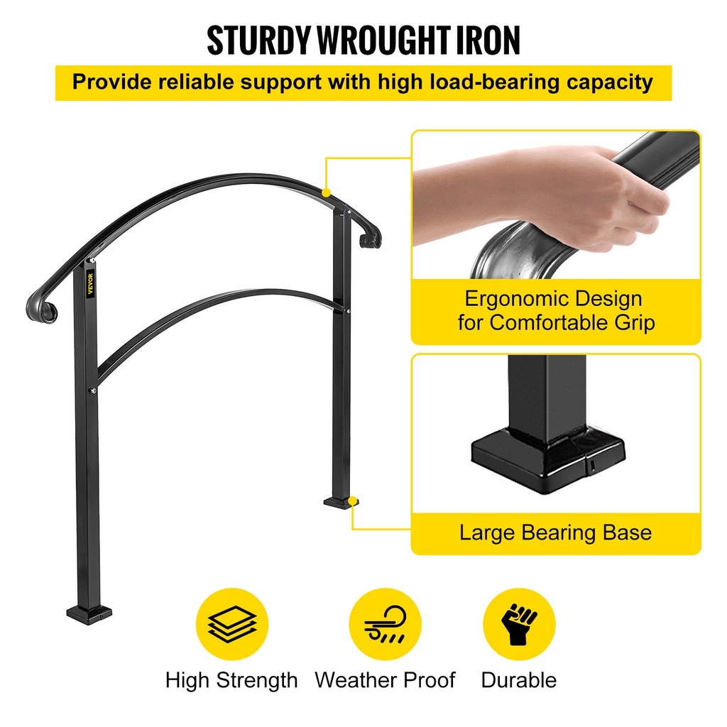 VEVOR Handrails for Outdoor Steps, Fit 1 or 5 Steps Outdoor Stair Railing, Black Wrought Iron Handrail, Flexible Front Porch Hand Rail, Transitional Handrails for Concrete Steps or Wooden Stairs