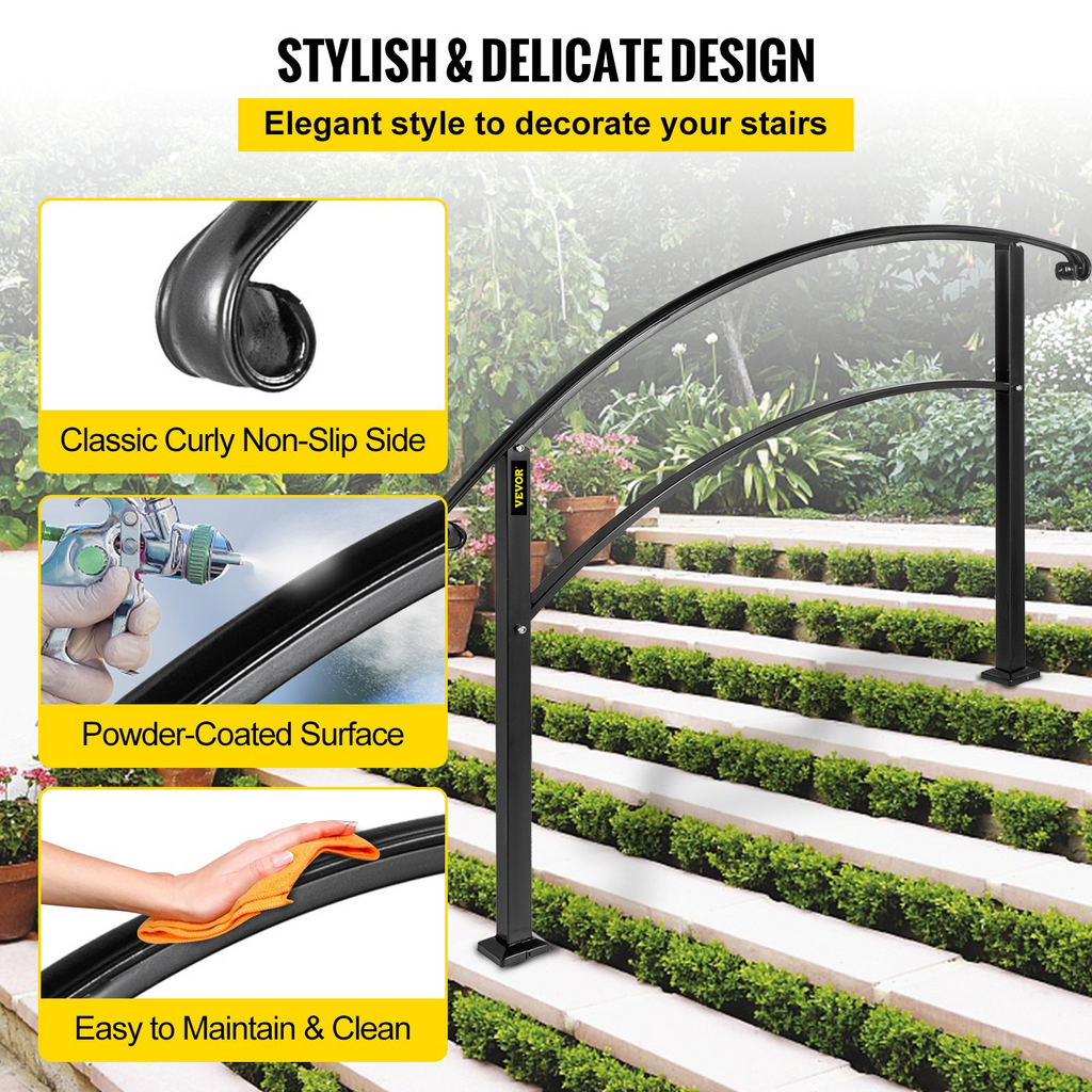 VEVOR Handrails for Outdoor Steps, Fit 1 or 5 Steps Outdoor Stair Railing, Black Wrought Iron Handrail, Flexible Front Porch Hand Rail, Transitional Handrails for Concrete Steps or Wooden Stairs