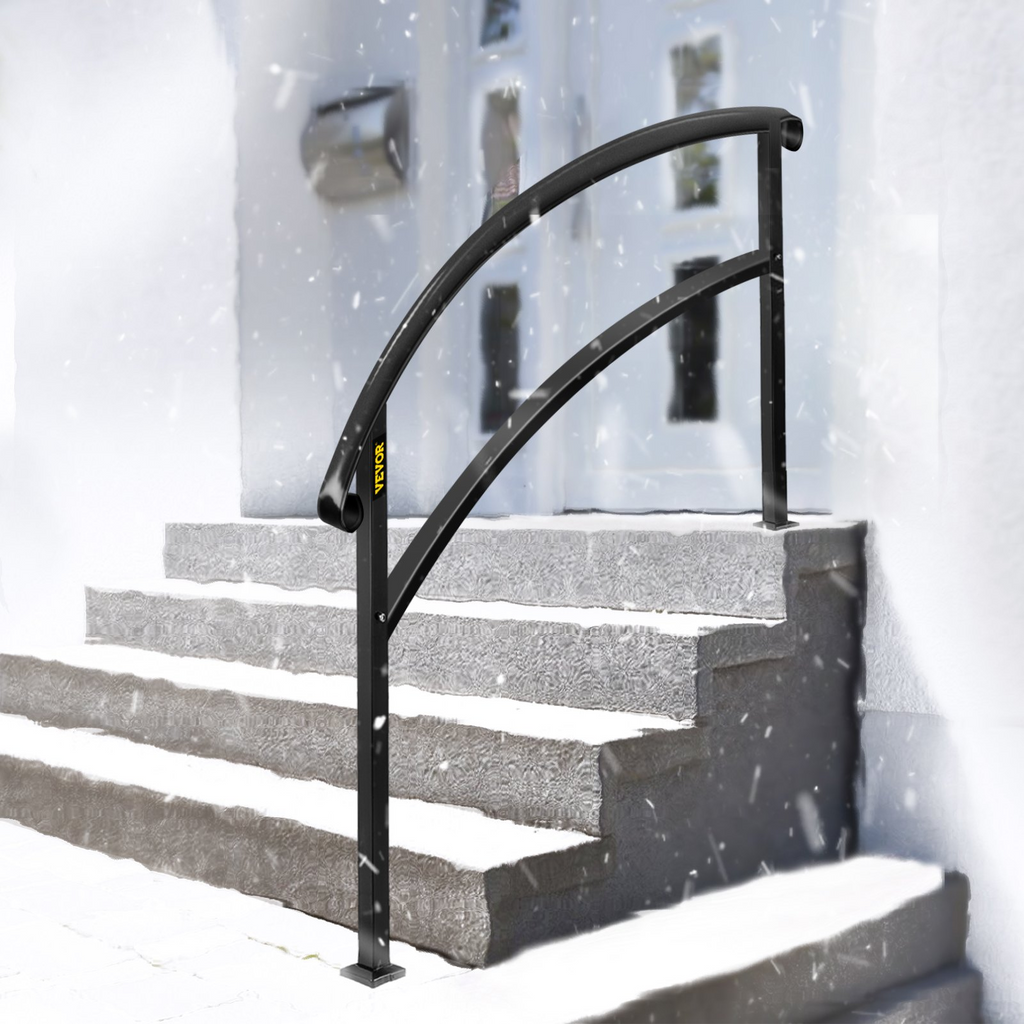 VEVOR Handrails for Outdoor Steps, Fit 1 or 5 Steps Outdoor Stair Railing, Black Wrought Iron Handrail, Flexible Front Porch Hand Rail, Transitional Handrails for Concrete Steps or Wooden Stairs