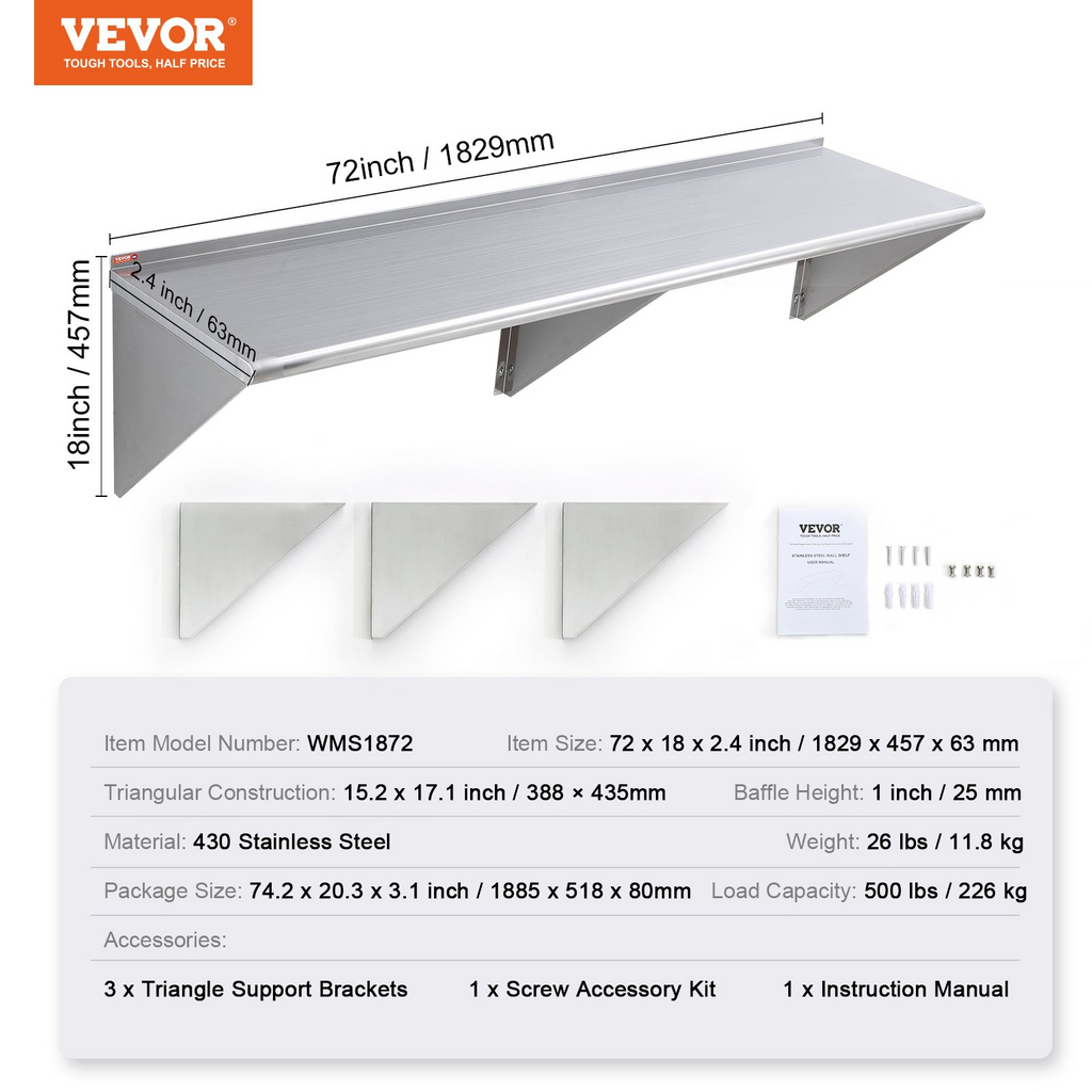 Estantería flotante de acero inoxidable VEVOR de 18" x 72" capacidad de carga de 500 lb