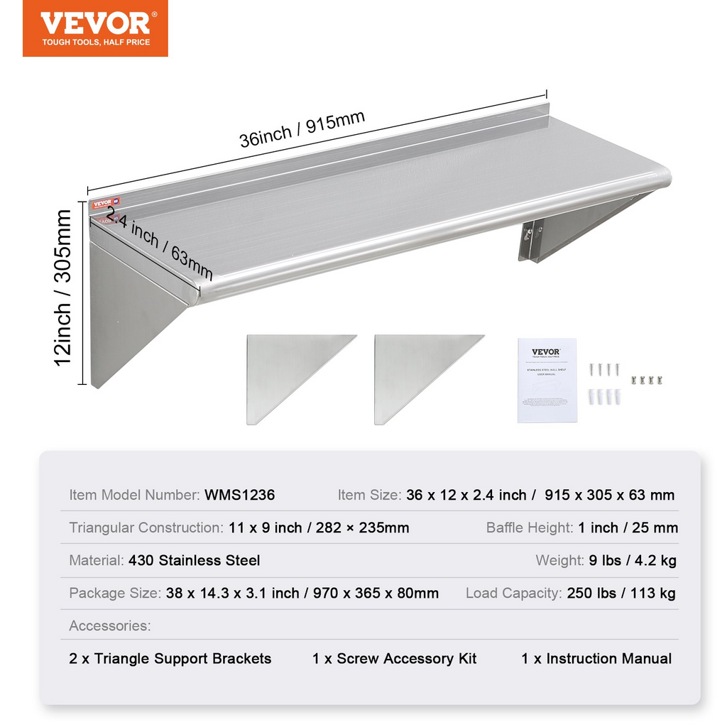 Estantería flotante de acero inoxidable VEVOR de 12" x 36"capacidad de carga de 250 lb