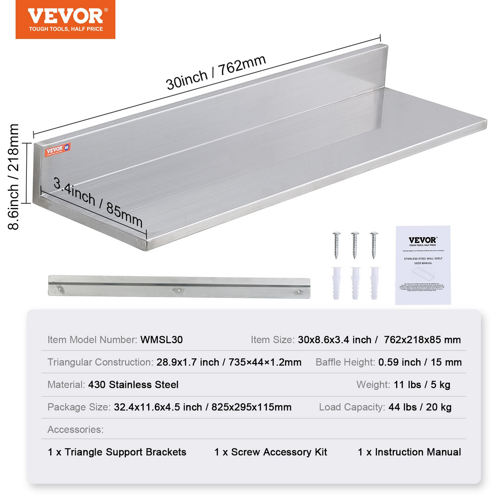 VEVOR Estantería flotante de acero inoxidable de 8,6" x 30" capacidad de carga de 44 lb (2 paquetes)