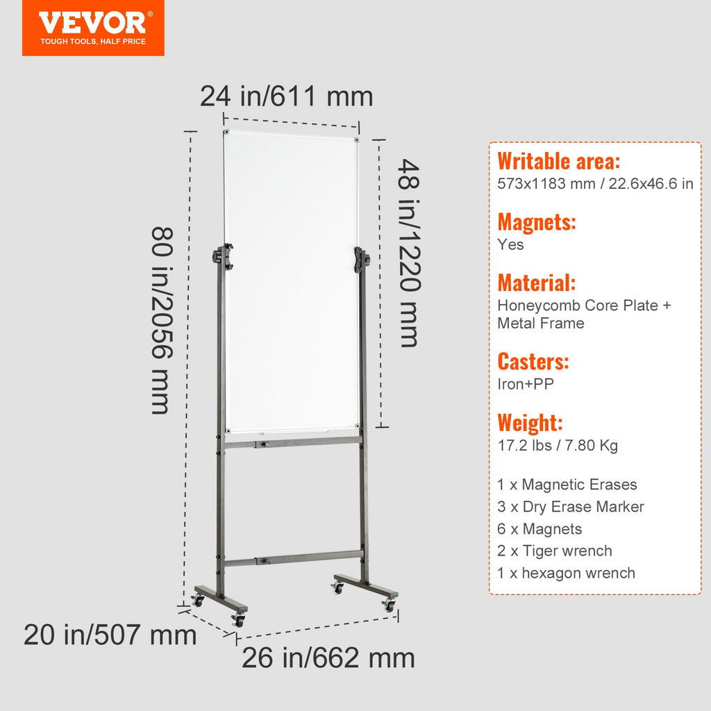 Pizarra blanca magnética rodante VEVOR, pizarra blanca móvil de doble cara de 24 x 48 pulgadas, tablero de borrado en seco de altura ajustable con ruedas.