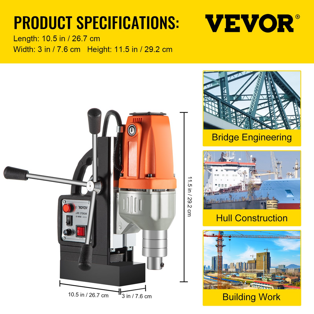 Taladro de columna magnético VEVOR de 980 W con diámetro de perforación de 1-1/3 pulgadas (35 mm) sistema de perforación magnético de 2700 libras de 680 RPM