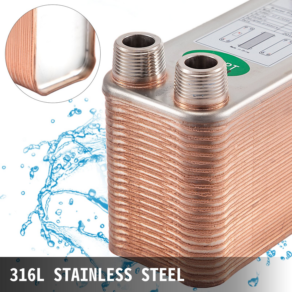 Intercambiador de calor VEVOR de 3" x 7,5" 40 placas  316L 3/4" MPT