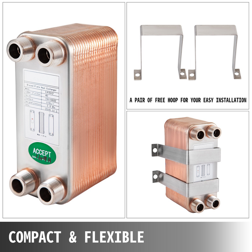 Intercambiador de calor VEVOR de 3" x 7,5" 40 placas  316L 3/4" MPT