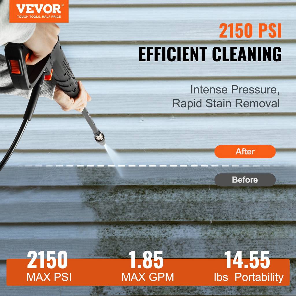 Hidrolavadora eléctrica VEVOR 2150 PSI 1,85 GPM manguera de 20 pies cable de 35 pies