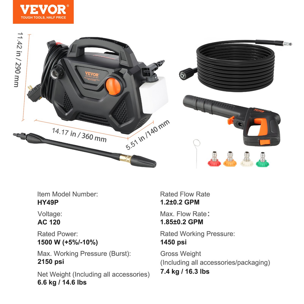 Hidrolavadora eléctrica VEVOR 2150 PSI 1,85 GPM manguera de 20 pies cable de 35 pies