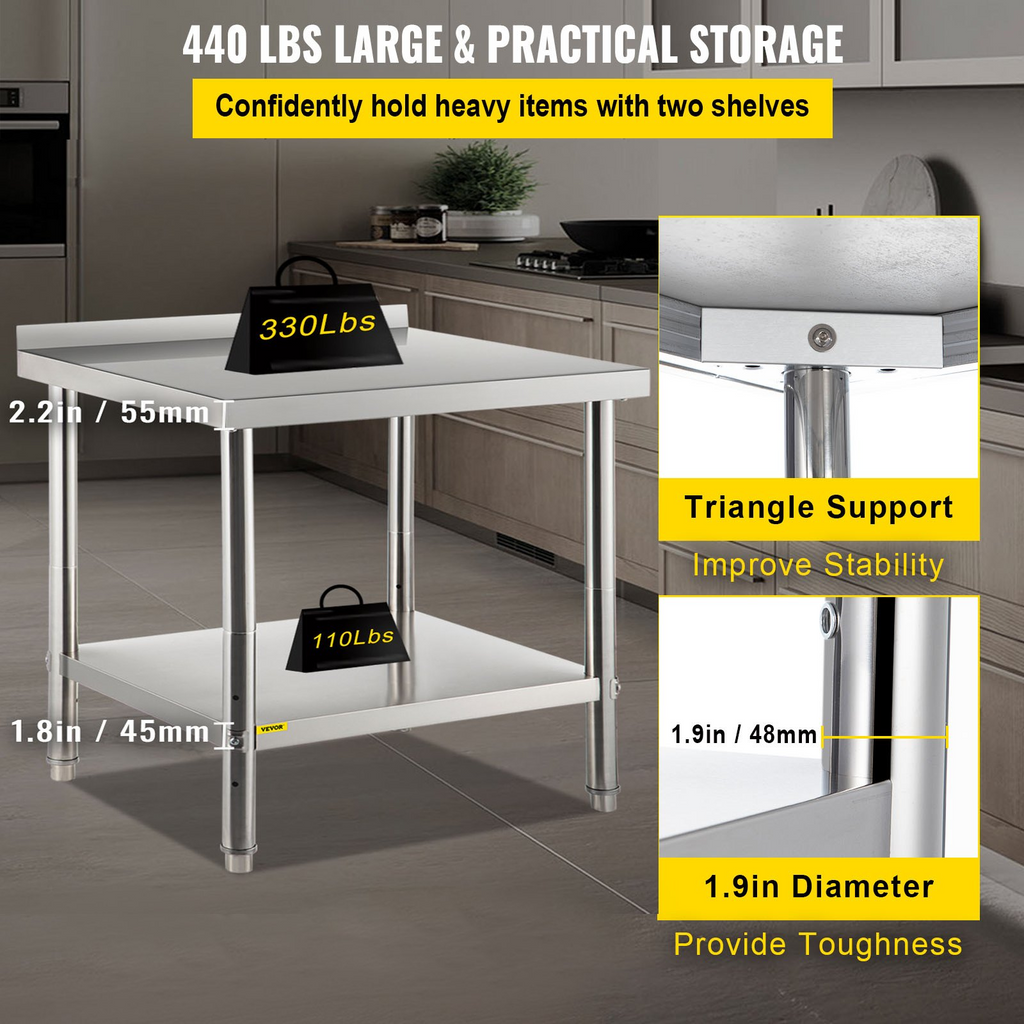 Mesa de preparación de acero inoxidable VEVOR 36 x 24 x 35 pulgadas capacidad de carga de 440 libras