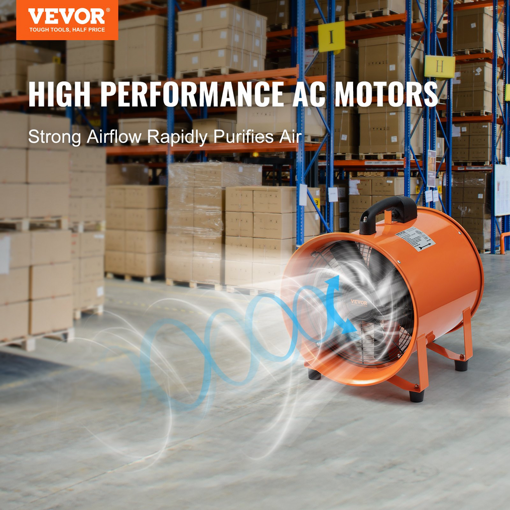 Ventilador portátil VEVOR, ventilador cilíndrico resistente de 10 pulgadas con manguera de conducto de 16,4 pies, soplador de escape de taller potente de 380 W 1893FM, soplador de uso industrial JH2