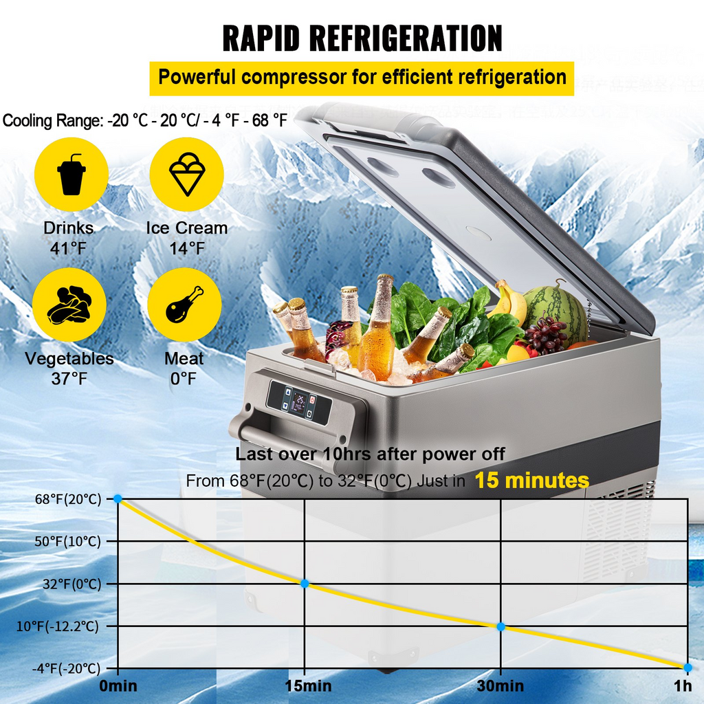 VEVOR Refrigerador portátil de 12 voltios 45 l (48 qt) de enfriamiento rápido con control por aplicación (-4 ℉ ~ 68 ℉)