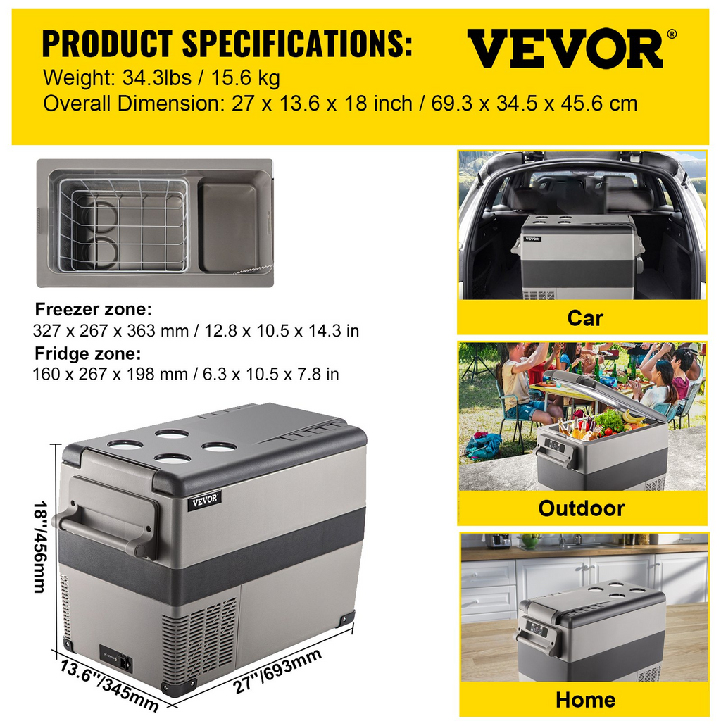 VEVOR Refrigerador portátil de 12 voltios 45 l (48 qt) de enfriamiento rápido con control por aplicación (-4 ℉ ~ 68 ℉)
