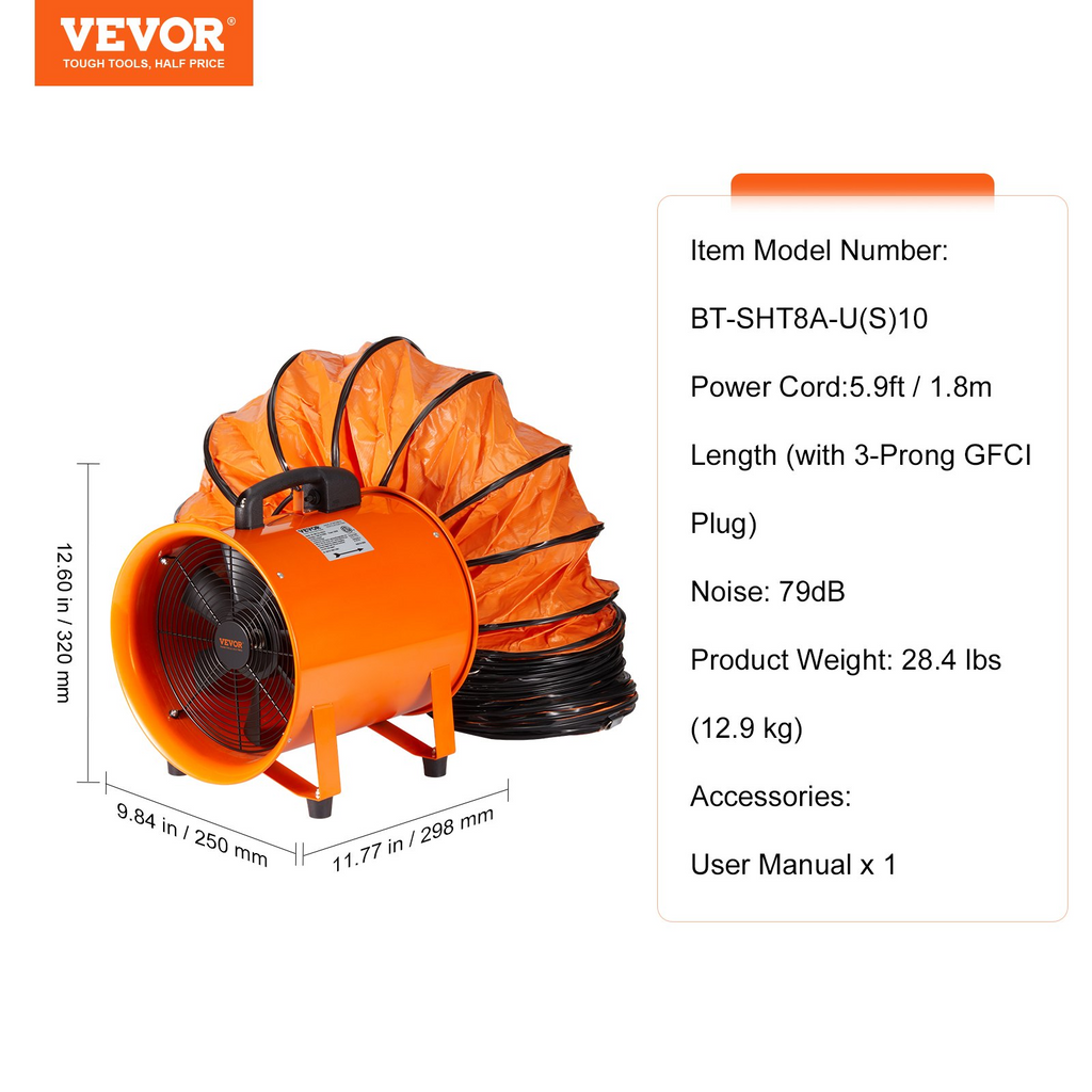 Miniatura del producto	 Ventilador portátil VEVOR, ventilador cilíndrico resistente de 8 pulgadas con manguera de conducto de 33 pies, soplador de escape de taller potente de 195 W 1070 CFM, soplador de uso industrial JH2