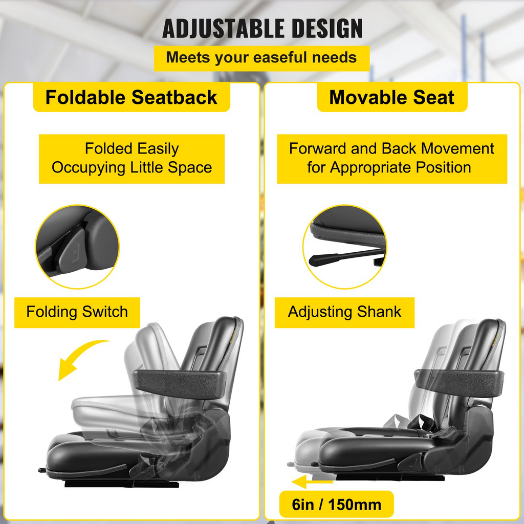 Asiento universal para carretilla elevadora VEVOR ajustable de 6"/150 mm