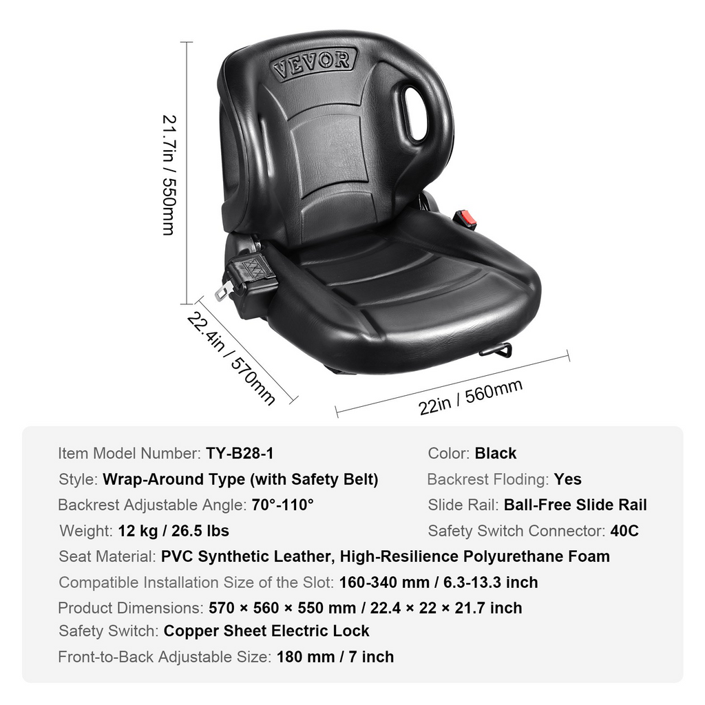 Asiento de carretilla elevadora universal VEVOR con respaldo en ángulo ajustable microinterruptor y cinturón de seguridad