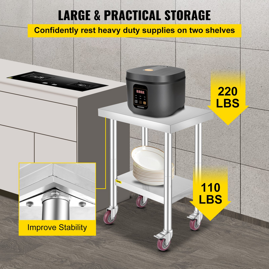 Mesa de trabajo de acero inoxidable VEVOR de 24 x 18 x 34 pulgadas con estante ajustable de 3 niveles y 4 ruedas