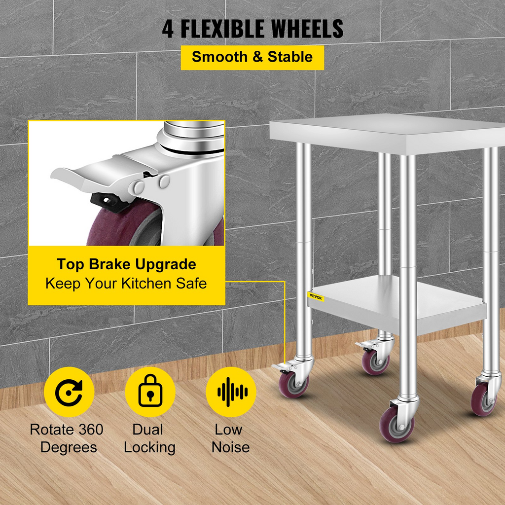 Mesa de trabajo de acero inoxidable VEVOR de 24 x 18 x 34 pulgadas con estante ajustable de 3 niveles y 4 ruedas