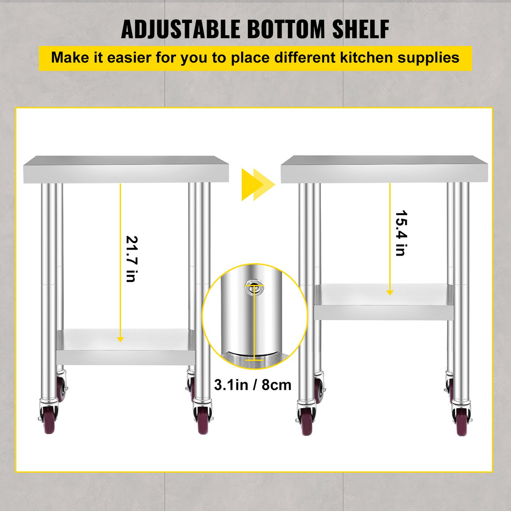 Mesa de trabajo de acero inoxidable VEVOR de 24 x 18 x 34 pulgadas con estante ajustable de 3 niveles y 4 ruedas