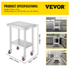 Mesa de trabajo de acero inoxidable VEVOR de 24 x 18 x 34 pulgadas con estante ajustable de 3 niveles y 4 ruedas