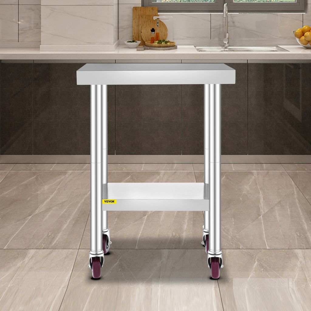 Mesa de trabajo de acero inoxidable VEVOR de 24 x 18 x 34 pulgadas con estante ajustable de 3 niveles y 4 ruedas
