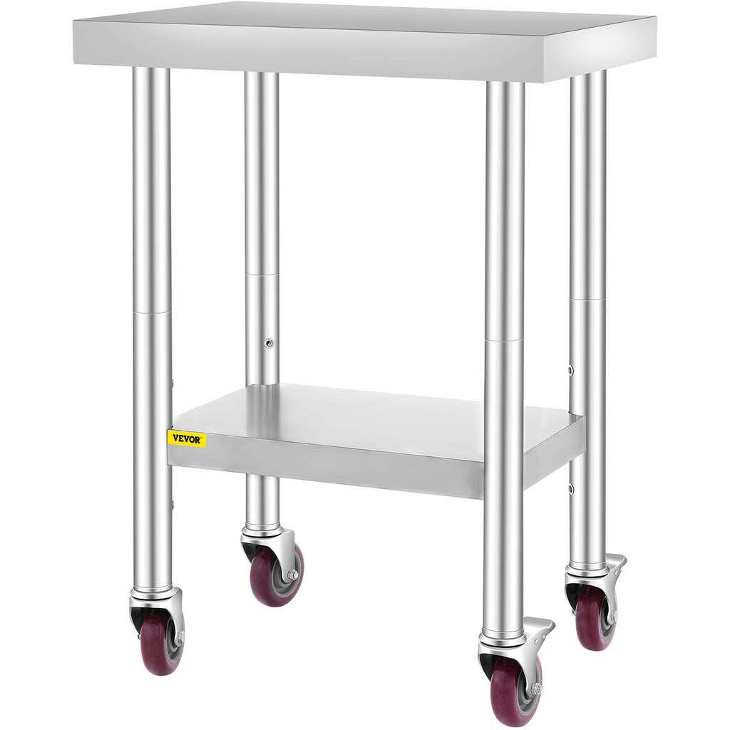 Mesa de trabajo de acero inoxidable VEVOR de 24 x 18 x 34 pulgadas con estante ajustable de 3 niveles y 4 ruedas
