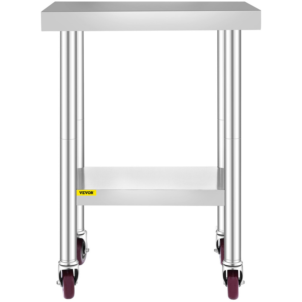 Mesa de trabajo de acero inoxidable VEVOR de 24 x 18 x 34 pulgadas con estante ajustable de 3 niveles y 4 ruedas