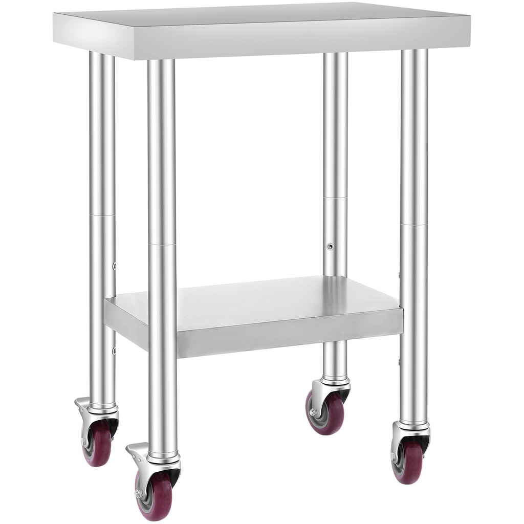 Mesa de trabajo de acero inoxidable VEVOR de 24 x 18 x 34 pulgadas con estante ajustable de 3 niveles y 4 ruedas