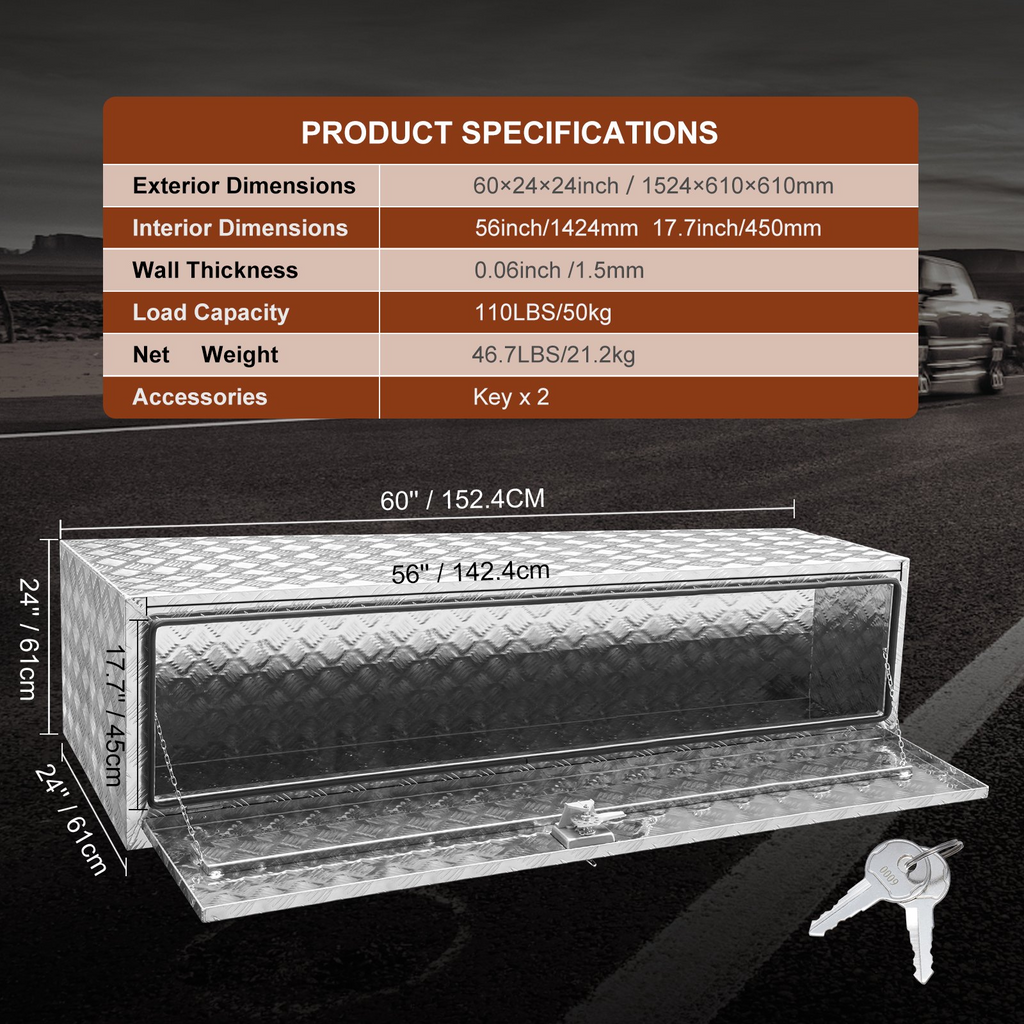 VEVOR Caja de almacenamiento para debajo de la carrocería de camión 60" × 24" × 24"