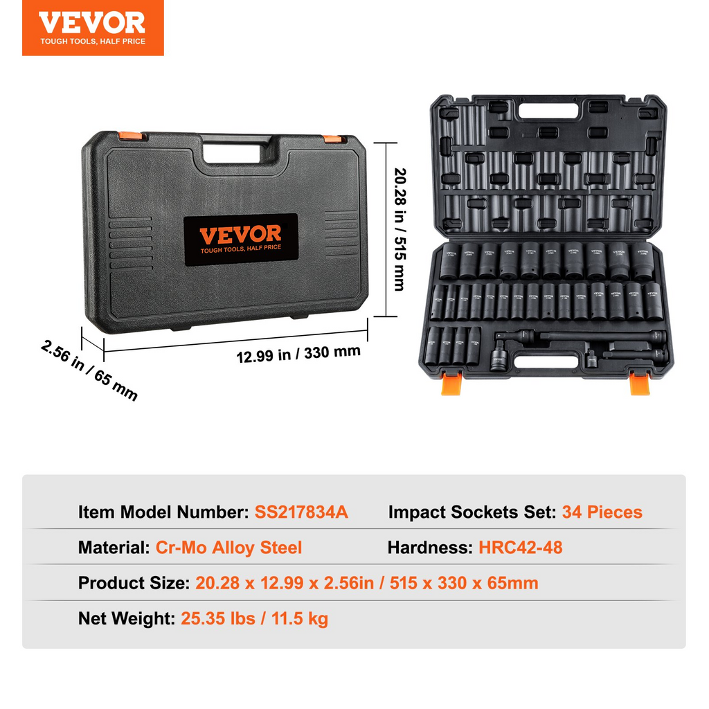 VEVOR Juego de dados de impacto profundos con accionamiento de 1/2" 34 piezas