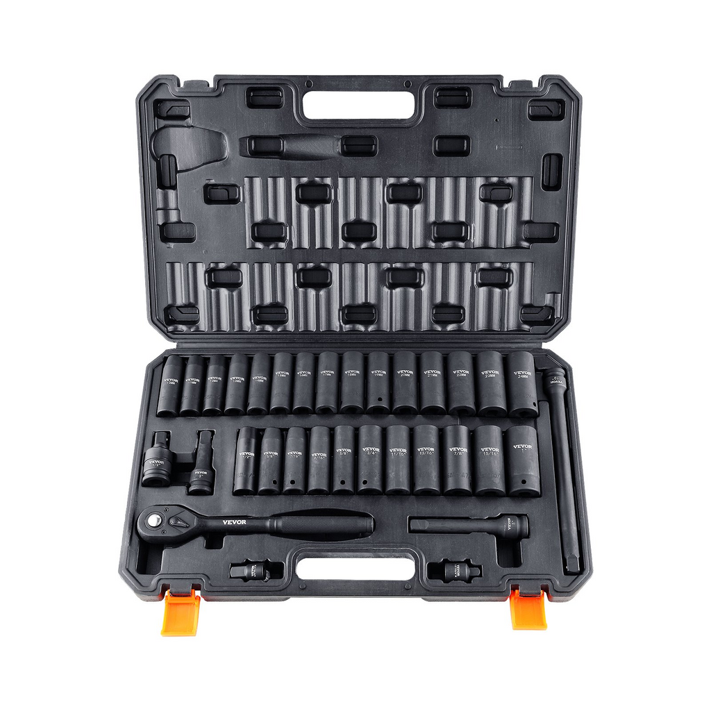 Juego de dados de impacto VEVOR de 1/2" juego de 33 piezas SAE de 3/8" a 1" y métricos de 10 a 24 mm
