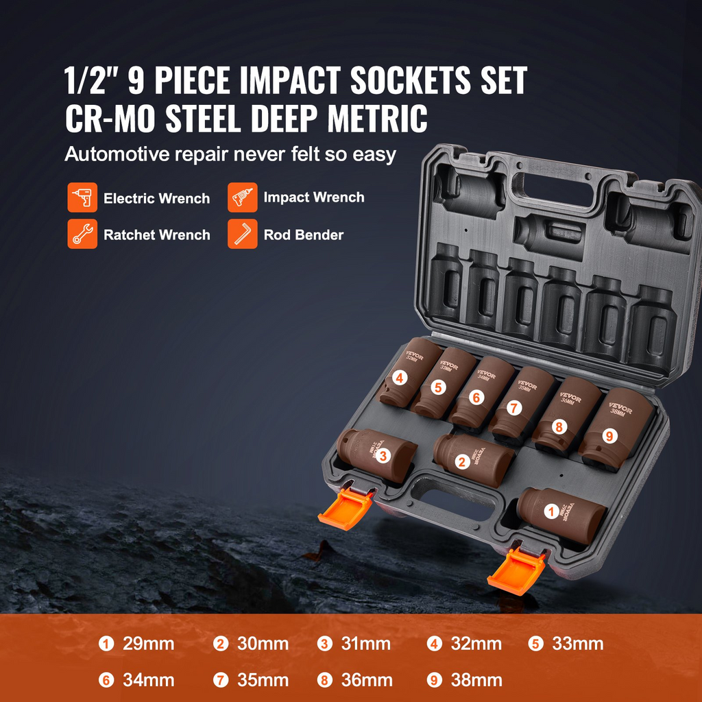 VEVOR Juego de dados de impacto con impulsión de 1/2" 9 piezas de 29 a 38 mm