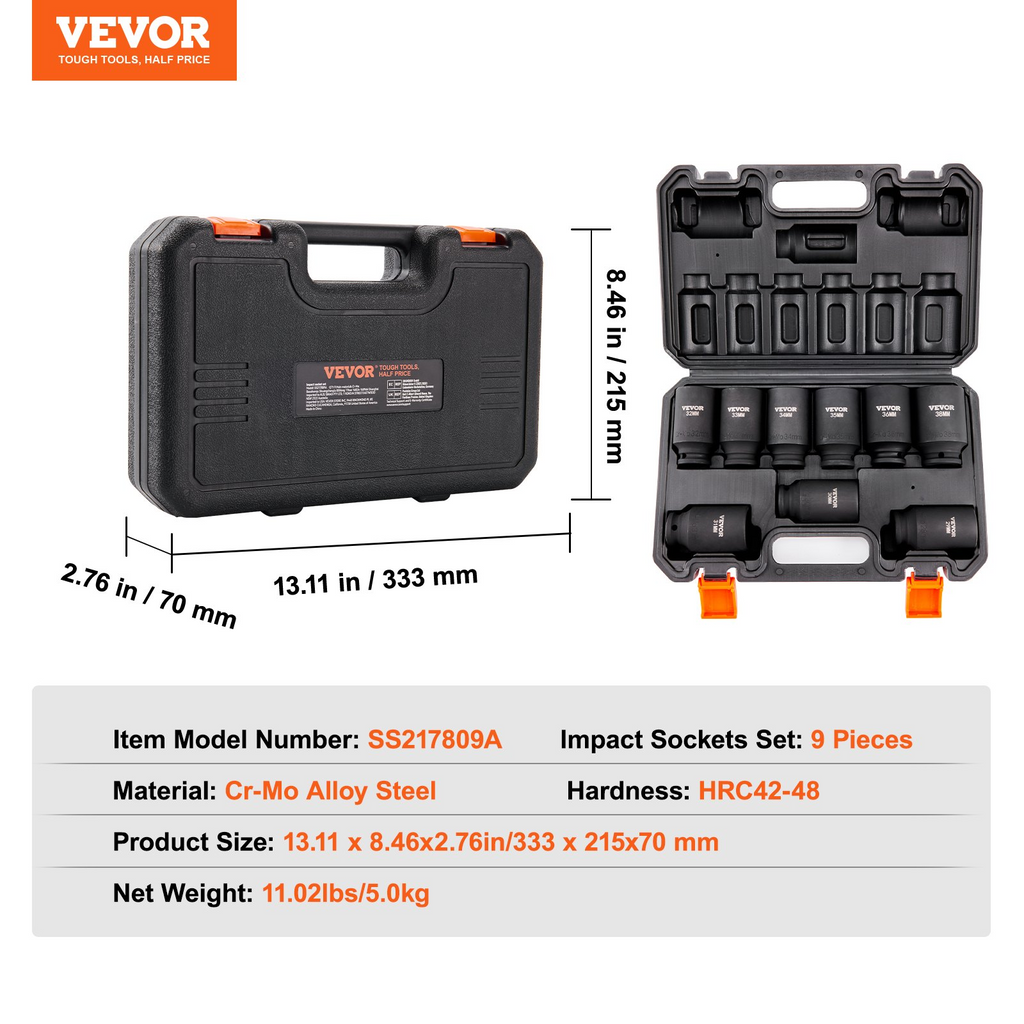 VEVOR Juego de dados de impacto con impulsión de 1/2" 9 piezas de 29 a 38 mm